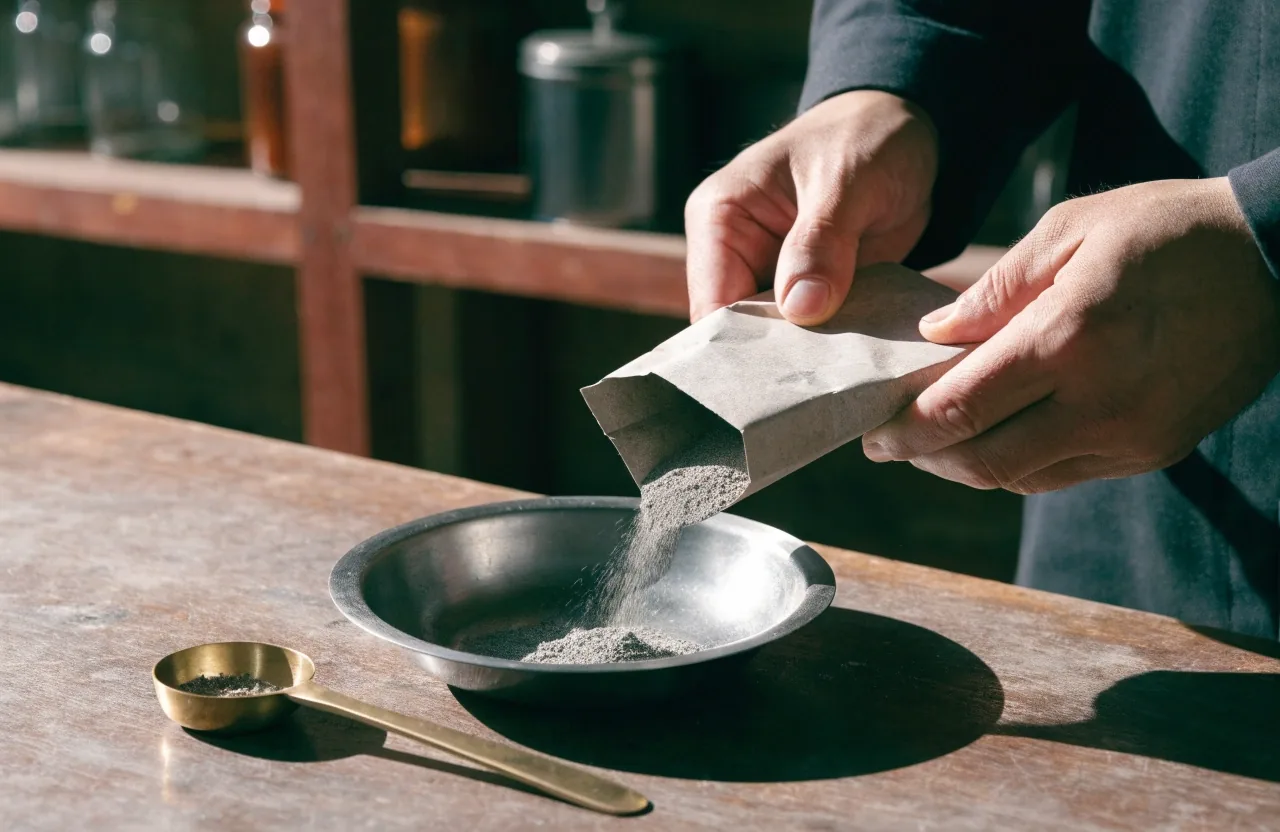 Hand turning a small brass valve beside a heap of grey mineral powder on a steel tray