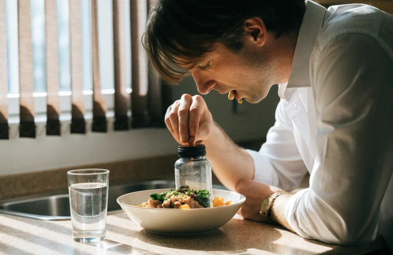 A man setting a reminder at a wooden table with a closed supplement bottle and a plate of food