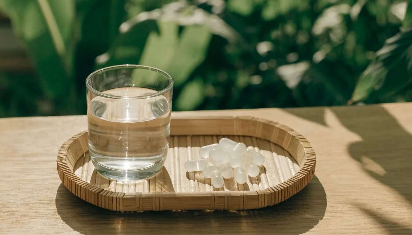A palm holding two plain closed capsules over a matte steel counter mat in cool daylight