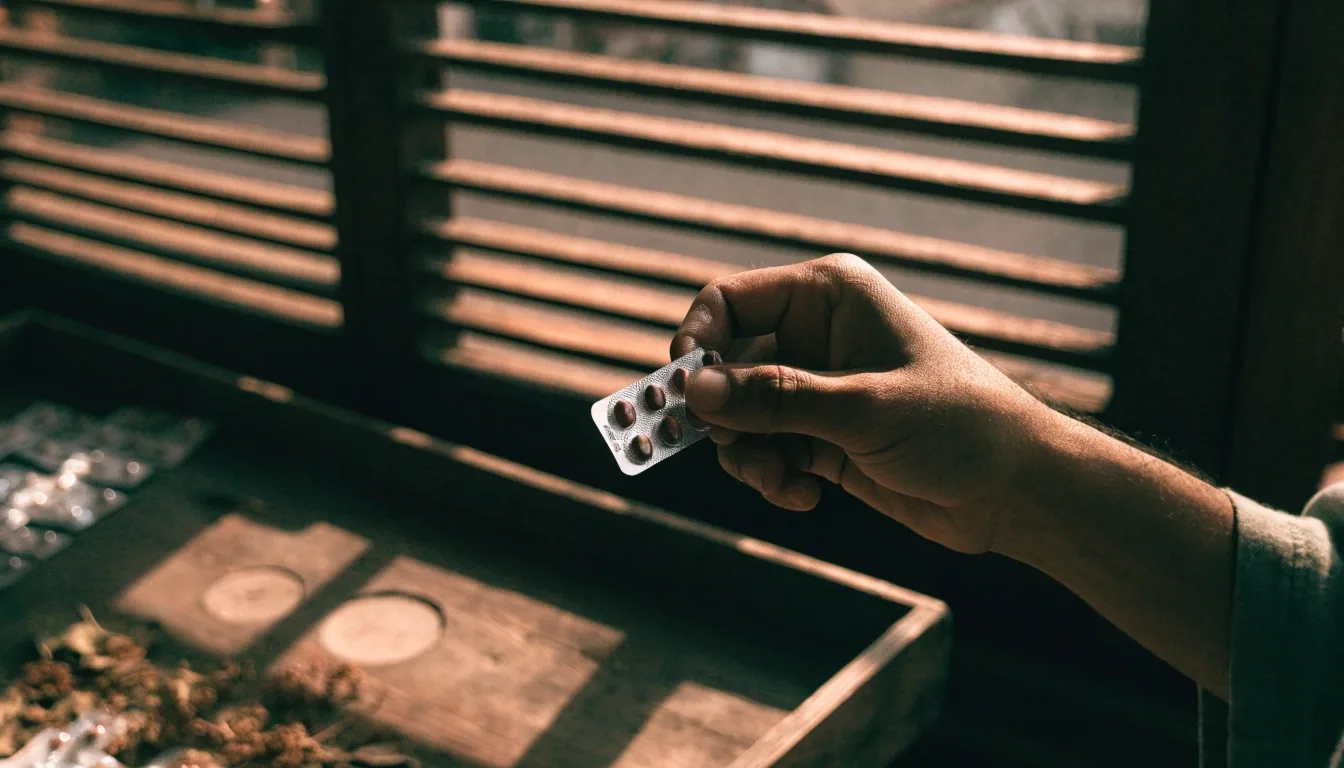 A hand turning a small metal valve on a plank bench against a dark wall