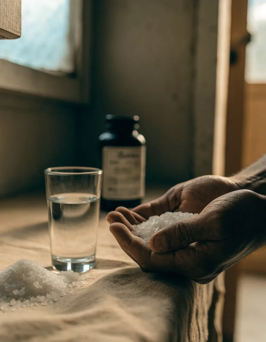 A sealed amber supplement jar on its side with a softgel spilling onto a dark wooden shelf
