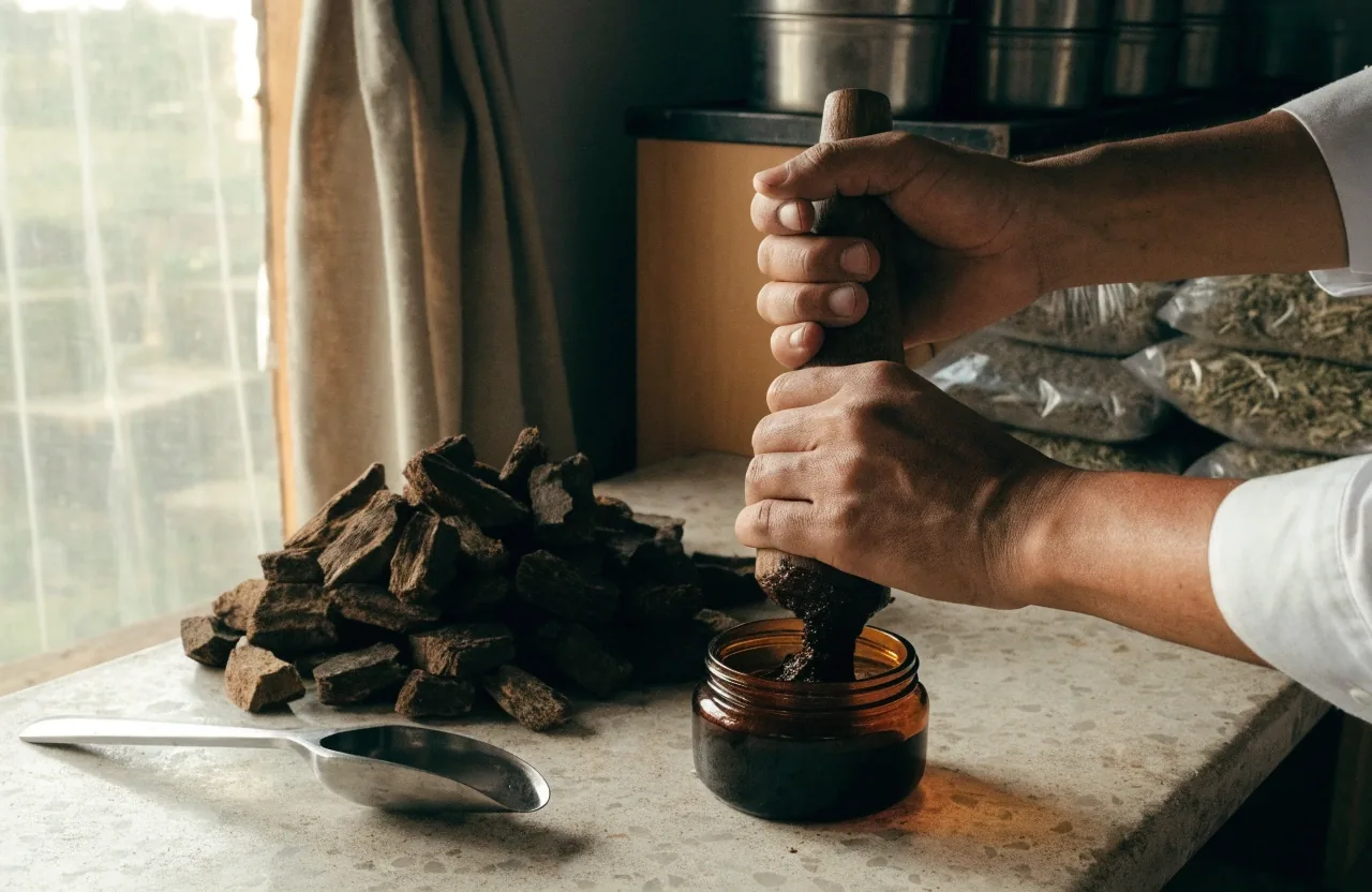 An open amber jar of dark herbal paste with a steel scoop and dried root pieces on a working bench