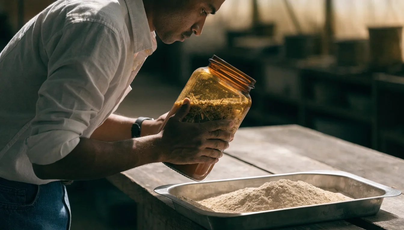 Hands lifting an open jar of botanical extract above a plank work counter beside a tray of mineral powder