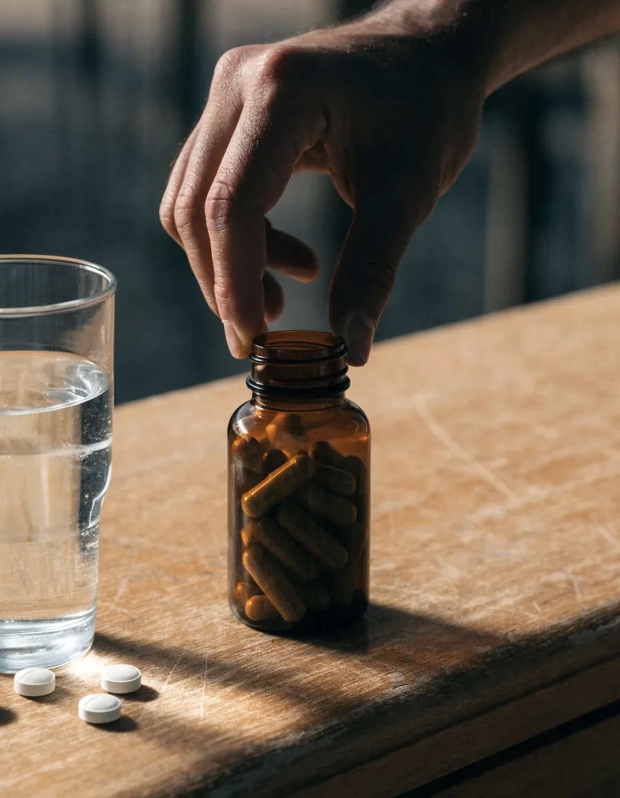 A hand turning a plain supplement bottle with loose tablets on a counter beside a glass of water