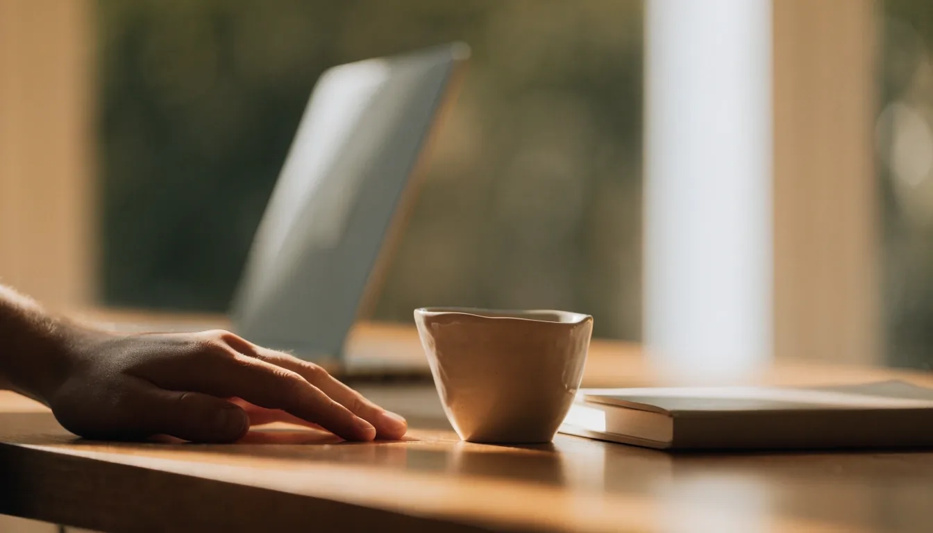 An open laptop turned away from view beside a hand and a cup on a counter in daylight